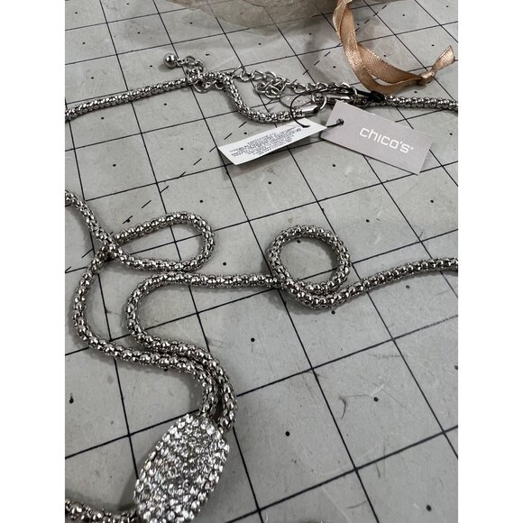 Chico's Silver-Tone Crystal Drop Lariat Necklace Adjustable Lobster Clasp NEW - Picture 2 of 7